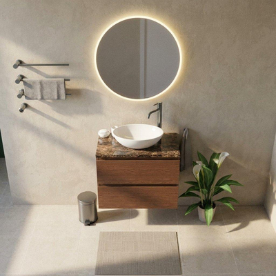 Saniclass Holz Pure Ensemble meuble de salle de bains - 80x45x63cm - Plan de travail en pierre naturelle Noche dark emperador - 1 trou de robinet - 2 tiroirs - noyer pure mat (bois)