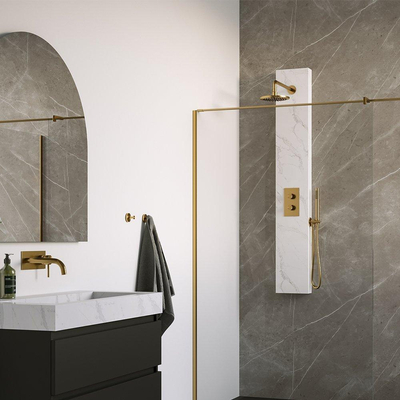 Brauer Gold Edition panneau de douche thermostatique 2 fonctions calacatta Gold set 01 20cm douche de tête bras courbe barre de douche douche à main connecteur mural flexible de douche coudé pvd brossé doré