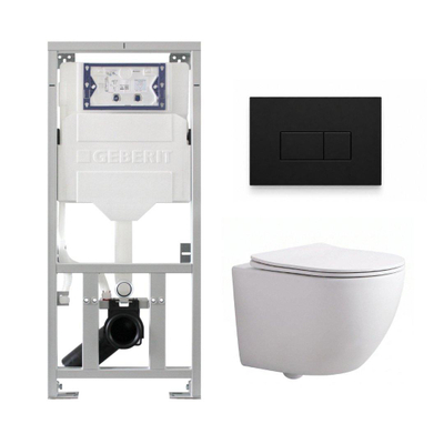 Pack WC QeramiQ Dely Swirl Compact - réservoir encastrable Geberit UP320 - avec bâti-support Burda - abattant 25 mm - plaque de commande en plastique noir mat - boutons rectangulaires - blanc brillant