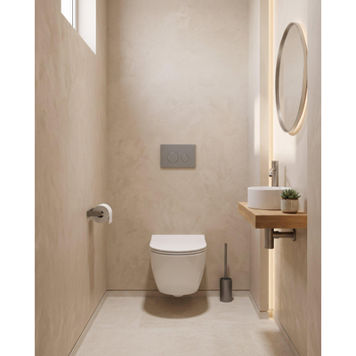 QeramiQ Dely Swirl Compact Toiletset - inbouwreservoir Geberit UP320 - met Burda frame - slim zitting - kunststof bedieningsplaat licht grijs - ronde knoppen - glans wit