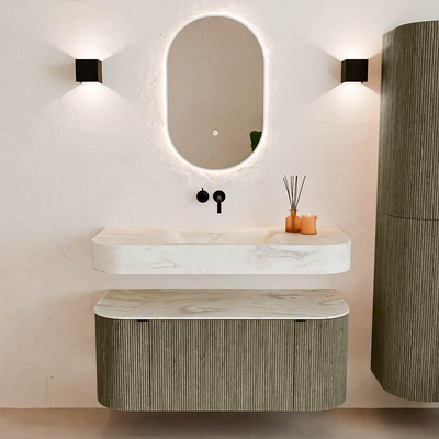 MONDIAZ THOR-DLUX 110cm meuble de salle de bains arrondi gauche + droite couleur Shadow avec 1 tiroir et 2 portes. Vasque suspendue CLOUD Milieu sans trou de robinet couleur Ostra.