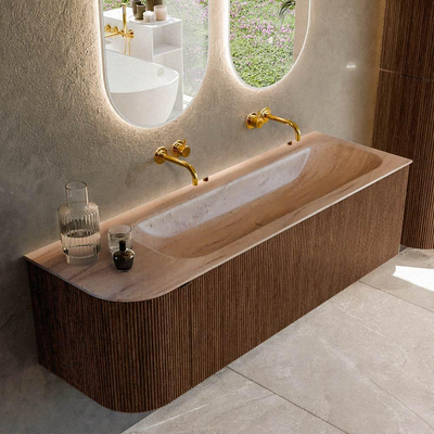 MONDIAZ KURVE-DLUX 145cm badmeubel ronding Links kleur Walnut met 1 lade en 1 deur. Wastafel BIG LARGE Rechts zonder kraangat Saba.