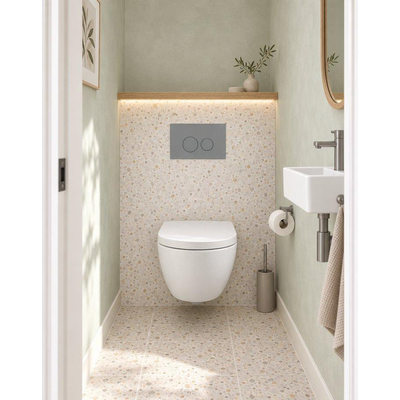 QeramiQ Dely Swirl Compact Toiletset - inbouwreservoir Geberit UP320 - met Burda frame - 25mm zitting - kunststof bedieningsplaat licht grijs - ronde knoppen - glans wit