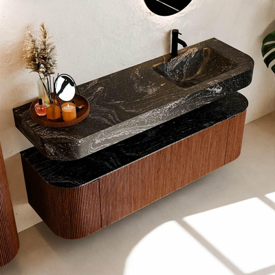 MONDIAZ THOR-DLUX 150cm meuble de salle de bains arrondi gauche + droite couleur Ruby avec 1 tiroir et 2 portes. Vasque suspendue CLOUD Droite 1 trou de robinet couleur Lava.