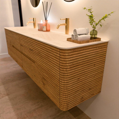 Mondiaz CIRO-DLUX Badkamermeubelset - 190x45x50cm - Solid surface wastafel Meli - 2 wasbak Dubbel - 2 kraangaten - 4 lades - Oak