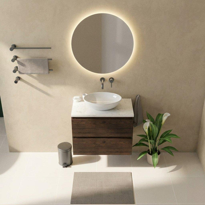Saniclass Holz Pure Ensemble de meubles de salle de bains - 80x45x63cm - plan vasque en marbre Dia poli (blanc) - sans trou de robinetterie - 2 tiroirs - chêne charcoal mat (bois)