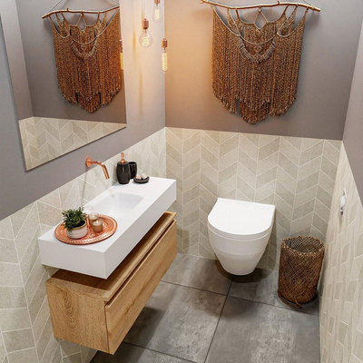 MONDIAZ ANDOR Meuble de toilettes - 80x30x30cm - 0 trous de robinet - 1 tiroir - chêne blanchi mat - lavabo au centre - Solid surface - Blanc