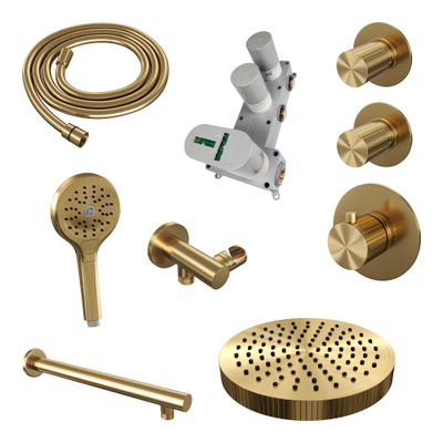 BRAUER Stripe Thermostatische Inbouw Regendouche - SET 04 - 25cm douchekop - rechte muurarm - 3-standen handdouche - doucheslang - wandaansluitbocht - goud geborsteld PVD