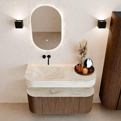 MONDIAZ THOR-DLUX 110cm badmeubel ronding links + rechts kleur Walnut met 1 lade en 2 deuren. Vrijhangende wastafel CLOUD Links zonder kraangat kleur Ostra.