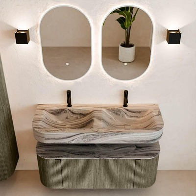 MONDIAZ THOR-DLUX 120cm badmeubel ronding links + rechts kleur Shadow met 1 lade en 2 deuren. Vrijhangende wastafel CLOUD Dubbel 2 kraangaten kleur Sombra.