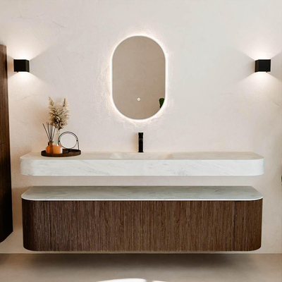 MONDIAZ THOR-DLUX 190cm badmeubel ronding links + rechts kleur Walnut met 2 lades en 2 deuren. Vrijhangende wastafel CLOUD Midden 1 kraangat kleur Opalo.