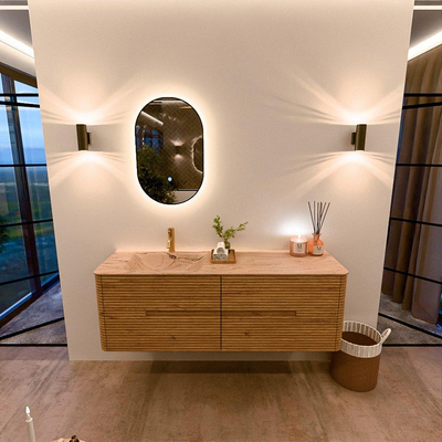Mondiaz CIRO-DLUX Meuble de salle de bains - 150x45x50cm - Plan vasque solid surface Arena - 1 vasque à gauche - 1 trou de robinet - 4 tiroirs - Chêne