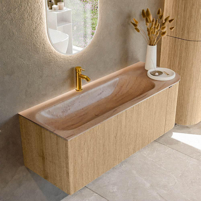 MONDIAZ KURVE-DLUX Meuble de salle de bains 125cm arrondi à droite couleur Oak avec 1 tiroir et 1 porte. Lavabo BIG MEDIUM gauche 1 trou de robinet Saba.