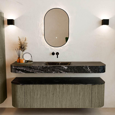 MONDIAZ THOR-DLUX 160cm meuble de salle de bains arrondi gauche + droite couleur Shadow avec 1 tiroir et 2 portes. Vasque suspendue CLOUD Milieu sans trou de robinet couleur Lava.