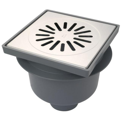 Aquaberg siphon de sol en plastique avec sortie verticale 75mm grille inox non réglable 20x20cm avec seau siphon PPC 60mm