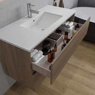 Adema Chaci Meuble salle de bain - 100x46x57cm - 1 vasque en céramique blanche - 1 trou de robinet - 2 tiroirs - miroir rond avec éclairage - Noyer