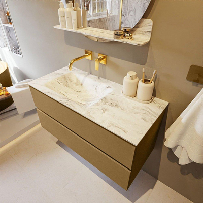 Mondiaz VICA-DLUX ensemble de meuble de salle de bain - 100cm - meuble sous-vasque oro - 2 tiroirs - lavabo encastré cloud gauche - sans trous de robinet - version haute de 60cm - glace