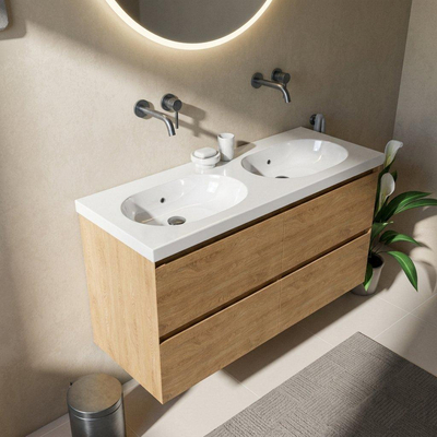 Saniclass Holz Pure Ensemble de meubles de salle de bains - 120x45x63.5cm - lavabo en céramique Palermo blanc - 2 vasques - sans trous de robinetterie - 4 tiroirs - chêne natural mat (bois)