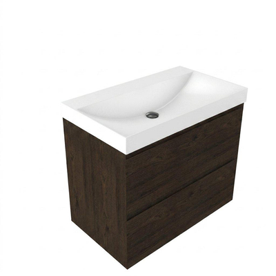 Saniclass Holz Pure Ensemble de meubles de salle de bains - 80x45x67.5cm - lavabo Wave en céramique - 1 vasque - sans trou de robinet - 2 tiroirs - chêne charcoal mat (bois)