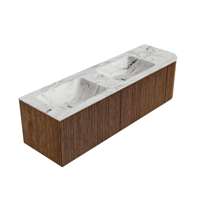 MONDIAZ KURVE-DLUX 155cm Meuble salle de bain avec module 25 D - couleur Walnut - 2 tiroirs - 1 porte - vasque LEAF double / gauche - sans trou de robinet - couleur Glace