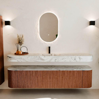 MONDIAZ THOR-DLUX 190cm meuble de salle de bains arrondi gauche + droite couleur Ruby avec 2 tiroirs et 2 portes. Vasque suspendue CLOUD Milieu 1 trou de robinet couleur Glace.