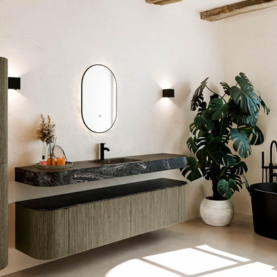 MONDIAZ THOR-DLUX Meuble de salle de bains 190cm arrondi gauche + droite couleur Shadow avec 2 tiroirs et 2 portes. Vasque suspendue CLOUD Milieu 1 trou de robinet couleur Lava.