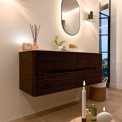 Mondiaz CIRO-DLUX Badkamermeubelset - 130x45x50cm - Solid surface wastafel Meli - 1 wasbak Rechts - zonder kraangaten - 4 lades - Walnut