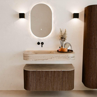 MONDIAZ THOR-DLUX 100cm badmeubel ronding links + rechts kleur Walnut met 1 lade en 2 deuren. Vrijhangende wastafel CLOUD Links zonder kraangat kleur Arena.
