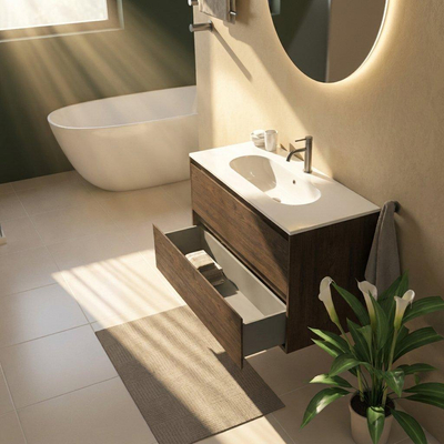 Saniclass Holz Pure Ensemble de meubles de salle de bains - 100x45x73.9cm - Chaci lavabo en céramique blanc - 1 vasque - 1 trou de robinetterie - 2 tiroirs - chêne charcoal mat (bois)
