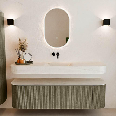 MONDIAZ THOR-DLUX 160cm meuble de salle de bains arrondi gauche + droite couleur Shadow avec 1 tiroir et 2 portes. Vasque suspendue CLOUD Milieu sans trou de robinet couleur Meli.