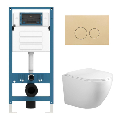Adema Salina 2.0 Toiletset - 48.5x36x32cm - diepspoel - spoelrandloos - QeramiQ inbouwreservoir - softclose - quickrelease - toiletzitting - beige kunststof bedieningsplaat - ronde knoppen - wit