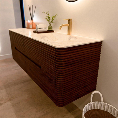Mondiaz CIRO-DLUX Ensemble de meubles de salle de bains - 150x45x50cm - Plan vasque en solid surface Ostra - 1 vasque à droite - 1 trou de robinet - 4 tiroirs - Ruby