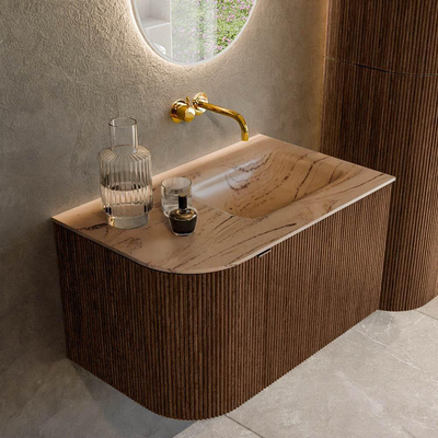 MONDIAZ KURVE-DLUX 75cm badmeubel ronding Links kleur Walnut met 1 lade en 1 deur. Wastafel GRUNNE Rechts zonder kraangat Arena.