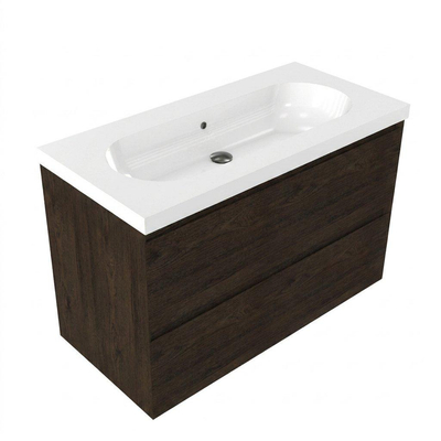 Saniclass Holz Pure Ensemble meuble de salle de bains - 100x45x63.5cm - lavabo Palermo en céramique blanc - 1 vasque - sans trou de robinetterie - 2 tiroirs - chêne charcoal mat (bois)