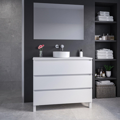 Adema Chaci PLUS Ensemble de meuble - 99.5x86x45.9cm - vasque à poser sur plan - robinets encastrables Inox - 3 tiroirs - miroir rectangulaire - Blanc mat