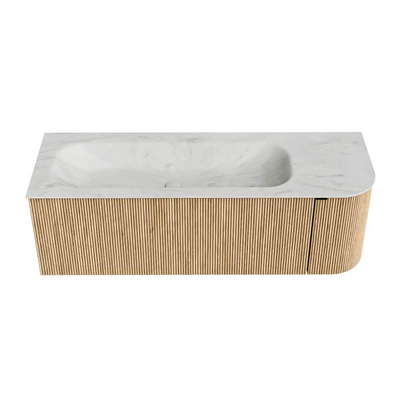 MONDIAZ KURVE-DLUX meuble de salle de bains 135 cm avec module 25 R couleur Oak avec 1 tiroir et 1 porte. Lavabo BIG MEDIUM gauche sans trou de robinet couleur Opalo.