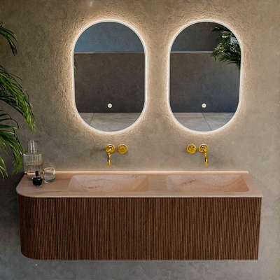 MONDIAZ KURVE-DLUX 145cm badmeubel ronding Links kleur Walnut met 1 lade en 1 deur. Wastafel LEAF Dubbel / Rechts zonder kraangat Saba.
