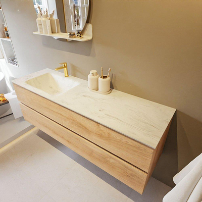 MONDIAZ VICA-DLUX Badkamermeubelset - 150cm - onderkast washed oak - 2 lades - inbouw wastafel cloud links - 1 kraangat - 60cm hoge versie - opalo