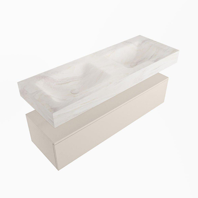 Mondiaz ALAN-DLUX Ensemble de meuble - 130cm - meuble Linen mat - 1 tiroir - Lavabo Cloud Ostra suspendu - vasque Gauche et droite - 0 trous de robinet