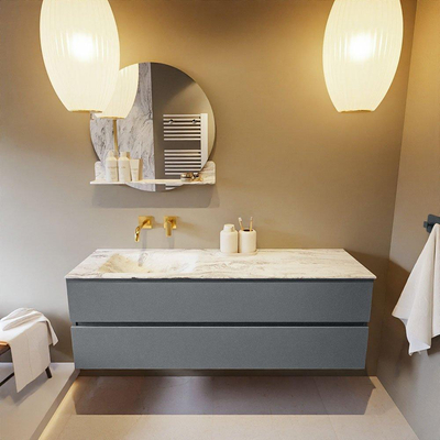 Mondiaz VICA-DLUX Ensemble de meuble de salle de bain - 150cm - meuble sous-vasque plata - 2 tiroirs - lavabo encastrée cloud gauche - sans trous de robinet - version haute de 60cm - glace