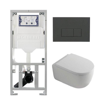 QeramiQ Dely Swirl Pack WC suspendu - 36.3x51.7cm - bâti-support Geberit UP320 - abattant 35 mm - plaque de commande anthracite mat - boutons rectangulaires - blanc brillant