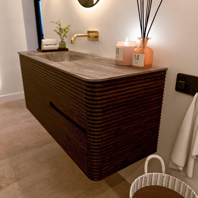 Mondiaz CIRO-DLUX Badkamermeubelset - 120x45x50cm - Solid surface wastafel Oza - 1 wasbak Links - zonder kraangaten - 2 lades - Walnut