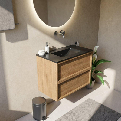 Saniclass Holz Frame Ensemble de meubles de salle de bains - 80x45x62cm - Vygo lavabo en céramique noir - 1 vasque - sans trou de robinet - 2 tiroirs - chêne natural mat (bois)