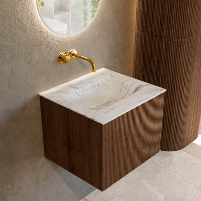 MONDIAZ KURVE-DLUX 50cm badmeubel kleur Walnut met 1 lade. Wastafel GRUNNE midden zonder kraangat kleur Glace.