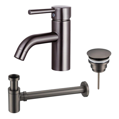 FortiFura Calvi Kit mitigeur lavabo - robinet bas - bonde non-obturable - siphon design bas - PVD Gunmetal