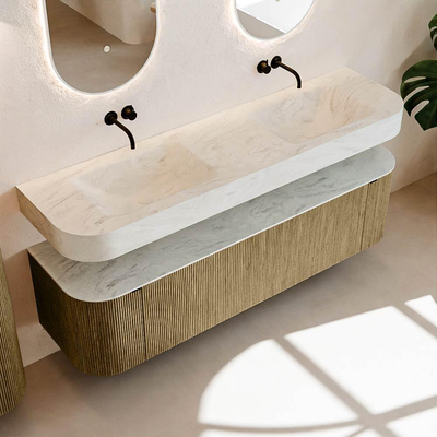 MONDIAZ THOR-DLUX 170cm meuble de salle de bains arrondi gauche + droite couleur Dusk avec 1 tiroir et 2 portes. Vasque suspendue CLOUD Double sans trou de robinet couleur Opalo.