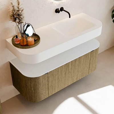 MONDIAZ THOR Meuble de salle de bains 120cm arrondi gauche + droite couleur Dusk avec 1 tiroir et 2 portes. Vasque suspendue CLOUD Droite sans trou de robinet couleur Talc.