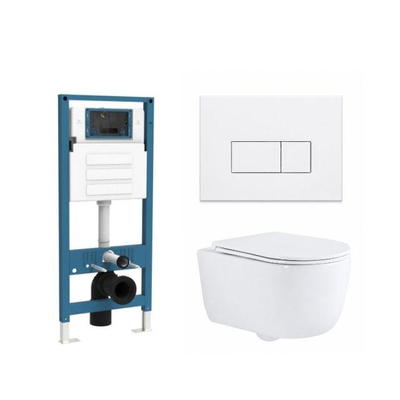 QeramiQ Dely Swirl Ensemble de toilette - réservoir encastré QeramiQ Flush - abattant slim - plaque de commande blanche mate en métal - boutons rectangulaires - blanc brillant