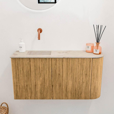 Mondiaz JOYA-DLUX 81.6cm toiletmeubel - ronding rechts kleur Oak - Wastafel FAYE positie Links Zonder kraangat kleur Frappe.