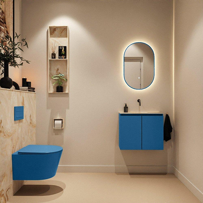 MONDIAZ TURE-DLUX Meuble toilette - 60cm - Jeans - EDEN - vasque Frappe - position centrale - sans trou de robinet